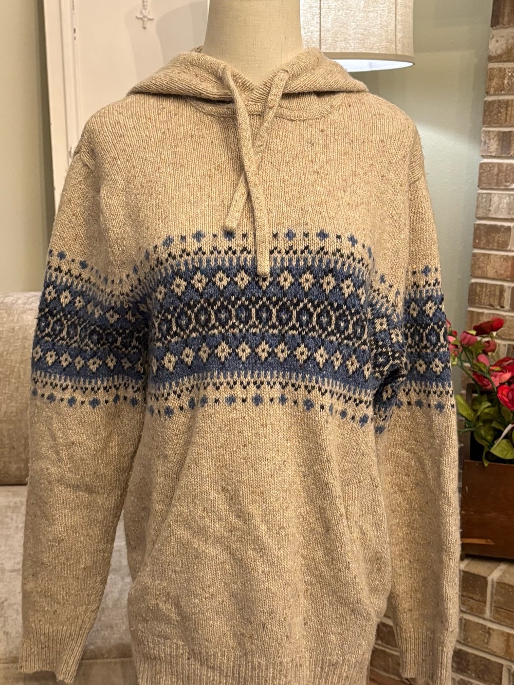 Knit for J. Crew Eco Wool Fair Isle Tan Hooded Sweater w/ Blue Pattern
0421